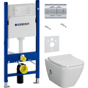 Комплект Унитаз подвесной VitrA Integra Square 7082B003-7209 с функцией биде + Крышка Integra Square 191-003-009 с микролифтом + Инсталляция Geberit Duofix Delta 458.149.21.1 с кнопкой смыва, хром + Шумоизоляция