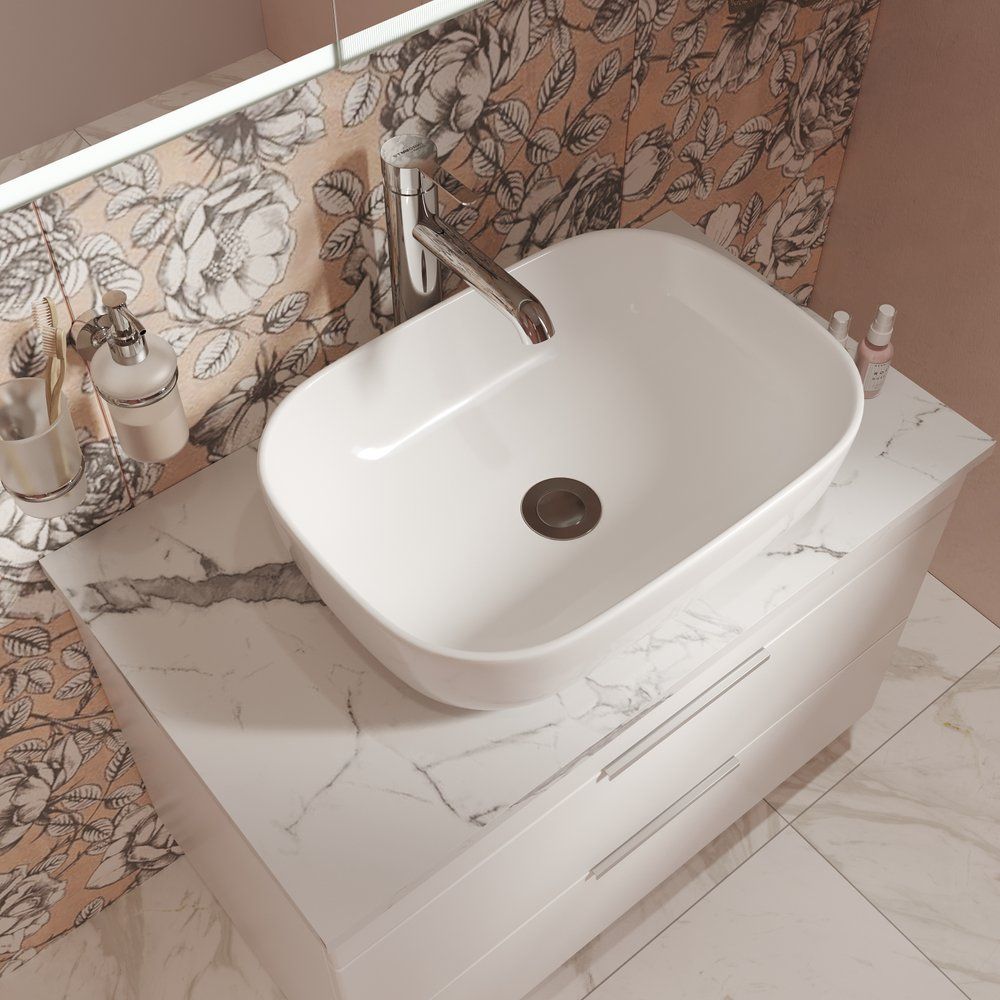 Купить Мебель для ванной STWORKI Копенгаген 80 белая со светлой столешницей, с раковиной Moduo 50 Square в Москве с доставкой Мебель для ванной STWORKI Копенгаген 80 белая со светлой столешницей, с раковиной Moduo 50 Square