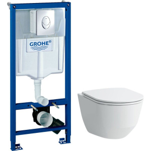 Комплект Унитаз подвесной Laufen Pro Rimless 8.2096.6.000.000.1 без ободка + Крышка 8.9896.6.000.000.1 с микролифтом, петли хром + Инсталляция Grohe Rapid SL 38721001 3 в 1 с кнопкой смыва