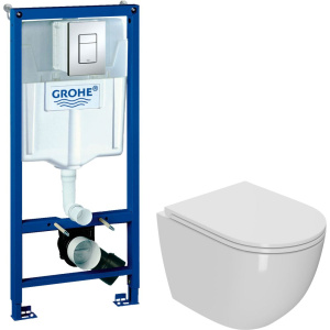 Комплект Унитаз подвесной Bauedge Bau Dream Hurricane-2 безободковый, с микролифтом, белый + Инсталляция Grohe Rapid SL 38772001 3 в 1 с кнопкой смыва