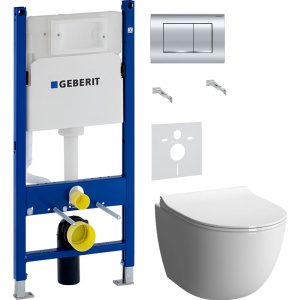 Комплект Унитаз подвесной VitrA Sento + Крышка + Инсталляция Geberit Duofix Delta 458.163.21.1 с кнопкой смыва, хром + Шумоизоляция