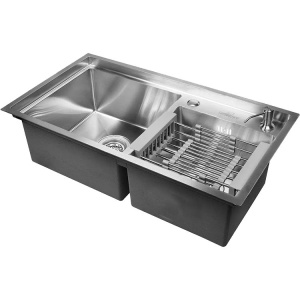 Мойка кухонная Wisent 7843-S с раздвижным коландером и дозатором, сатин