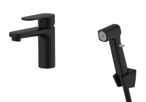 Смеситель для раковины 90 без донного клапана с гигиеническим ручным душем Aquatek Ника AQ1812MB, черный матовый