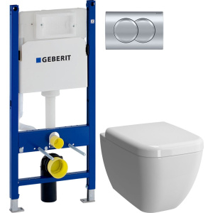 Комплект Унитаз подвесной VitrA Shift 7742B003-0075 белый глянцевый + Крышка 91-003-009 с микролифтом, петли хром + Инсталляция Geberit Duofix Delta 458.149.21.1 с кнопкой смыва, хром