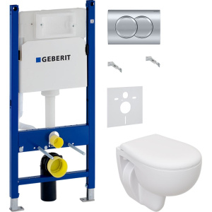 Комплект Унитаз подвесной Seramiksan Natura + Крышка + Шумоизоляция Geberit + Инсталляция Duofix Delta 458.149.21.1 с кнопкой смыва, хром