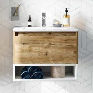 Тумба с раковиной STWORKI Карлстад 60 дуб рустикальный, с белой полкой