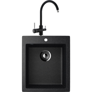 Комплект Мойка кухонная Ulgran U-404 -308 черная, встраиваемая, российская, матовая, квадратная + Смеситель Domaci Солерно DC-3007 морион