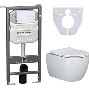 Комплект Унитаз подвесной Ceramicanova Play CN3001 безободковый, с микролифтом + Инсталляция Envision CN1002W + Кнопка Flat, белая