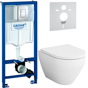 Комплект Унитаз подвесной AM.PM Spirit V2.0 FlashClean + Крышка C707857WH с микролифтом + Инсталляция Grohe Rapid SL 38772001 3 в 1 с кнопкой смыва + Шумоизоляция