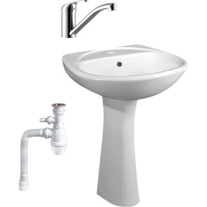 Комплект Раковина Santeri Соната 50 на одно отверстие + Пьедестал + Смеситель Rossinka Y + Сифон Wirquin Минор с отводом для стиральной машины