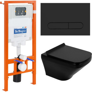 Комплект Унитаз подвесной BelBagno Sela BB3201CHR-MB крышка BB3201SC-MB, безободковый, с микролифтом + Система инсталляции для унитазов BelBagno BB002