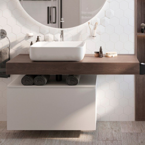 Столешница STWORKI Ольборг 120 дуб карпентер, без отверстий, с тумбой 80, с раковиной STWORKI Soul 1 белой Столешница STWORKI Ольборг 120 дуб карпентер, без отверстий, с тумбой 80, с раковиной STWORKI Soul 1 белой