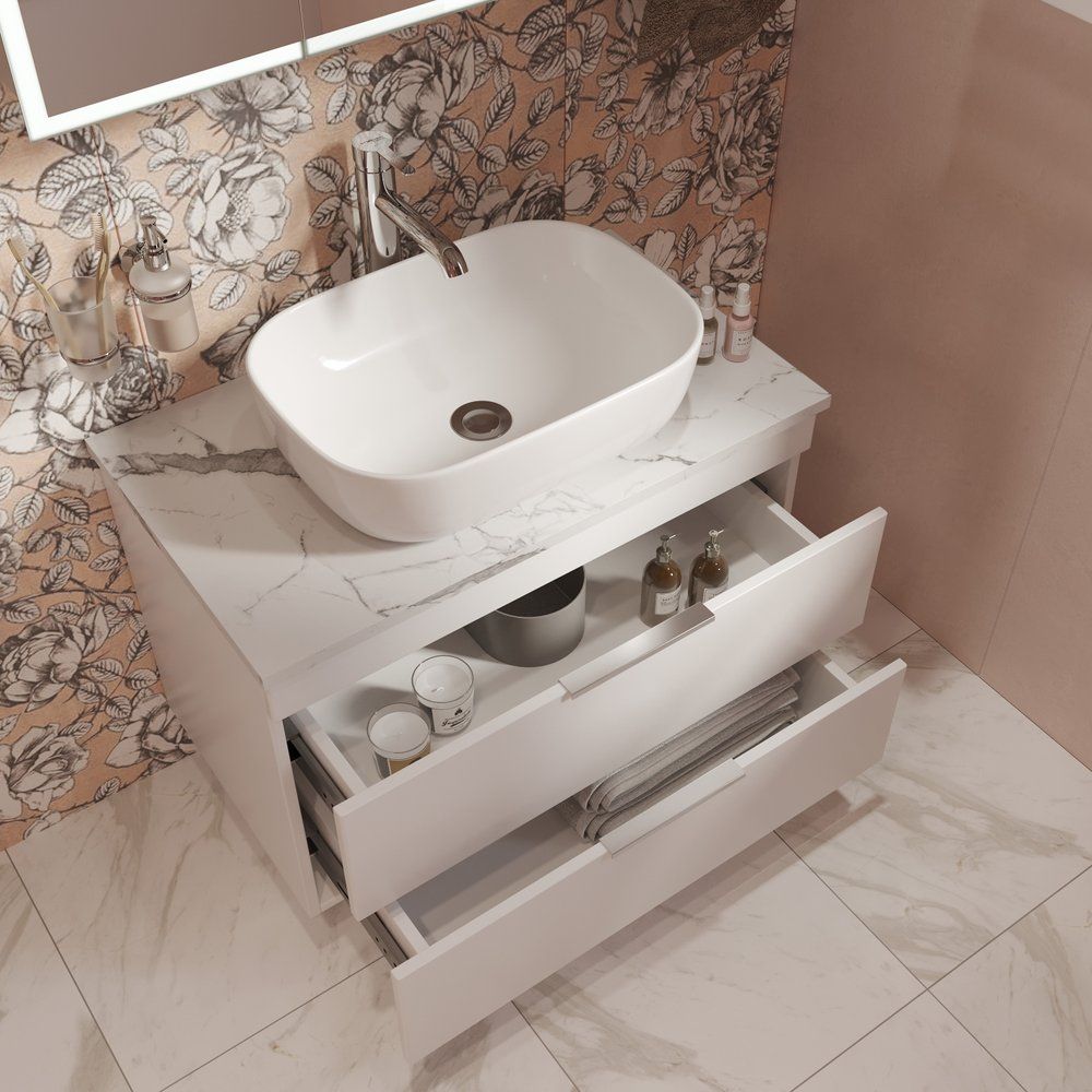 Купить Мебель для ванной STWORKI Копенгаген 80 белая со светлой столешницей, с раковиной Moduo 50 Square в Москве с доставкой Мебель для ванной STWORKI Копенгаген 80 белая со светлой столешницей, с раковиной Moduo 50 Square