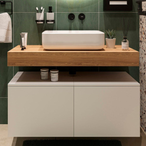 Столешница STWORKI Ольборг 100 дуб французский, без отверстий,  2 тумбы 50, с раковиной STWORKI Soul 1 белой Столешница STWORKI Ольборг 100 дуб французский, без отверстий,  2 тумбы 50, с раковиной STWORKI Soul 1 белой