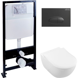 Комплект Унитаз подвесной Villeroy & Boch Subway 2.0 5614R201 alpin + Инсталляция EWRIKA ProLT 0026-2020 + Кнопка 0054 черная матовая