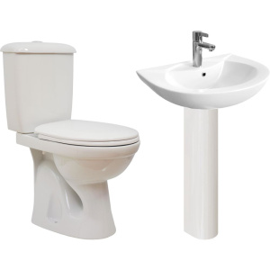 Комплект Унитаз-компакт Оскольская керамика Суперкомпакт Стандарт + Раковина DIWO Ростов + Пьедестал полукруг 0200