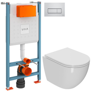 Комплект Унитаз подвесной Bauedge Bau Dream безободковый, с микролифтом, белый + Инсталляция VitrA V-Fix Core 738-5800-01 с кнопкой смыва Root S 740-2380 хром