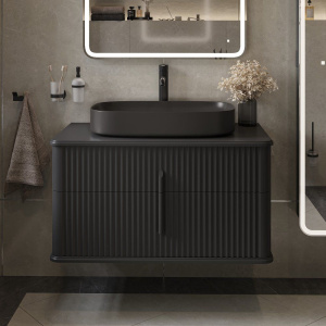 Тумба с раковиной STWORKI Молде, 95 антрацит, со столешницей, раковина STWORKI Молде черная матовая