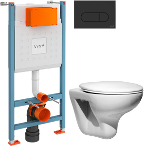 Комплект Унитаз подвесной Roca Mateo + Крышка DIWO Матео 0346 с микролифтом + Инсталляция VitrA V-Fix Core 732-5800-01 с кнопкой смыва Root R 740-2211 черной матовой