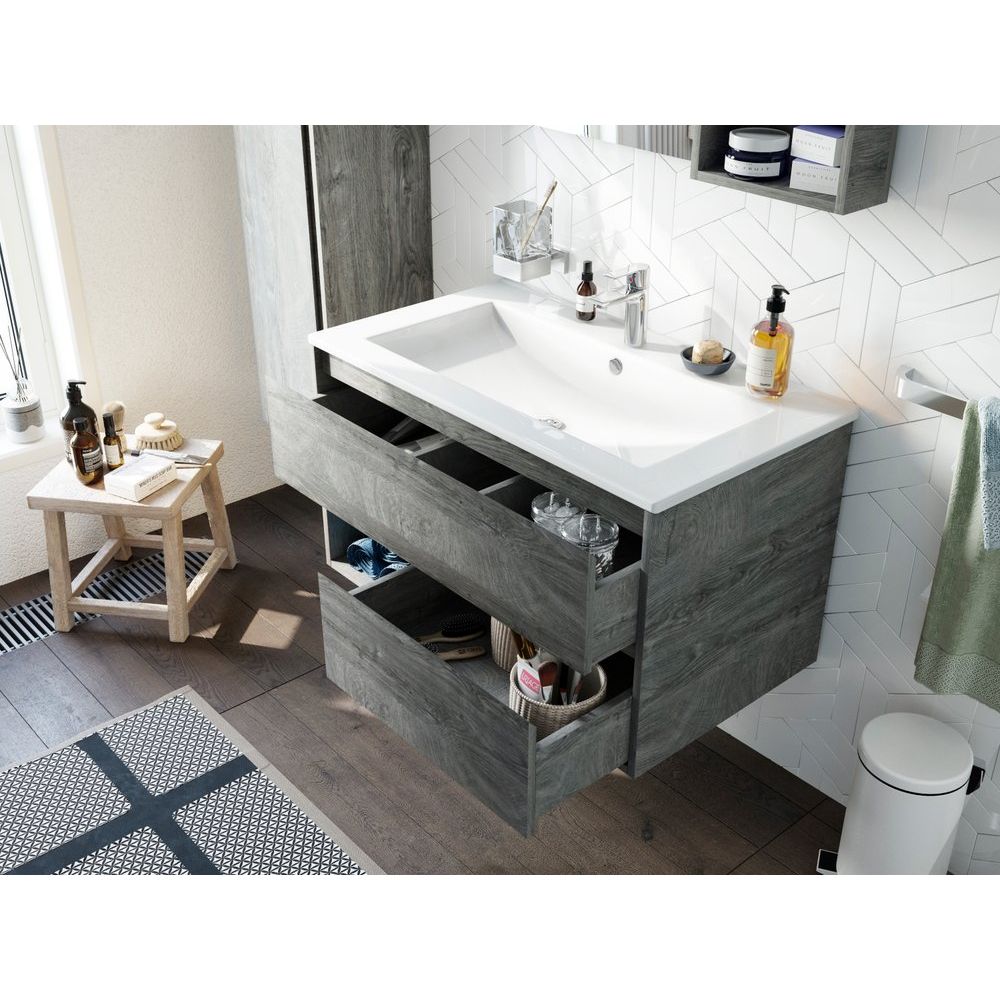 Купить Мебель для ванной STWORKI Карлстад 90 дуб рошелье, в стиле лофт, серая (комплект, гарнитур) в Москве с доставкой Мебель для ванной STWORKI Карлстад 90 дуб рошелье, в стиле лофт, серая (комплект, гарнитур)