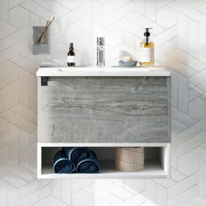 Тумба с раковиной STWORKI Карлстад 60 дуб рошелье, с белой полкой Тумба с раковиной STWORKI Карлстад 60 дуб рошелье, с белой полкой