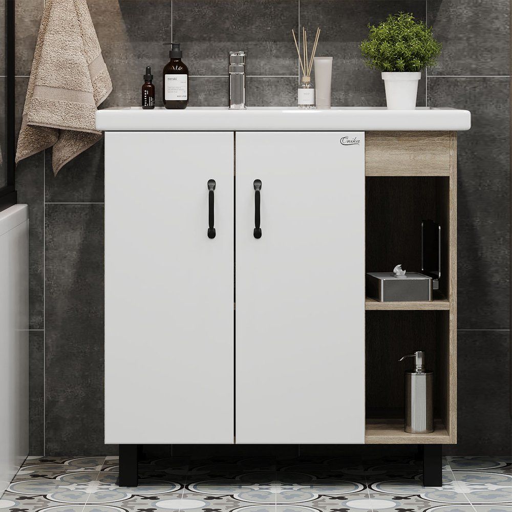 Купить Мебель для ванной Onika Тимбер 80.10 R, белая, дуб сонома в Москве с доставкой Мебель для ванной Onika Тимбер 80.10 R, белая, дуб сонома