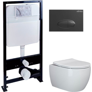 Комплект Унитаз подвесной Ceramicanova Play CN3001 с микролифтом, безободковый + Инсталляция EWRIKA ProLT 0026-2020 + Кнопка 0054 черная матовая