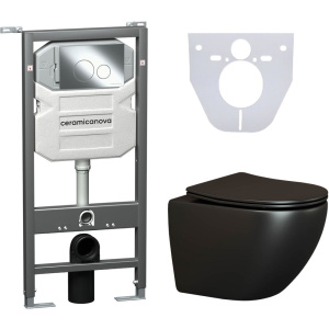 Комплект Унитаз подвесной Ceramicanova Metric CN4002MB безободковый, с микролифтом + Инсталляция Envision CN1001CH + Кнопка Round, хром