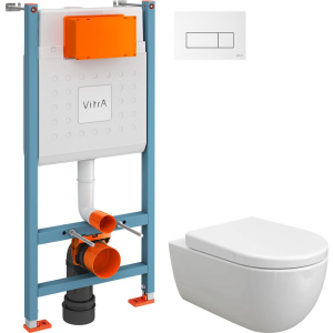 Комплект Унитаз подвесной BOCCHI V-Tondo 1416-001-0129 белый глянцевый + Крышка A0302-001 с микролифтом, глянцевая белая + Инсталляция VitrA V-Fix Core + Кнопка Root Square 740-2300 белая глянцевая