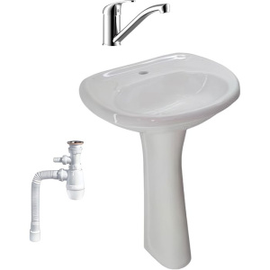 Комплект Раковина Santeri Воротынский на одно отверстие + Пьедестал + Смеситель Rossinka Y + Сифон Wirquin Минор с отводом для стиральной машины