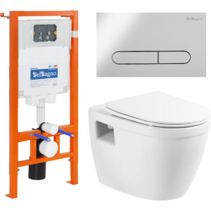 Комплект Унитаз подвесной BelBagno Loto BB070CHR/SC безободковый, с микролифтом, инсталляция BB002-80 с кнопкой BB005-PR-CHROME