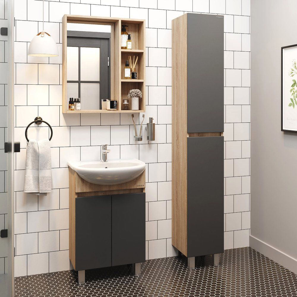 Купить Мебель для ванной Onika Милтон 60 напольная, серая, дуб сонома в Москве с доставкой Мебель для ванной Onika Милтон 60 напольная, серая, дуб сонома