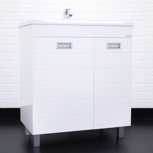 Тумба с раковиной Домино Cube 75 с бельевой корзиной, белая Тумба с раковиной Домино Cube 75 с бельевой корзиной, белая