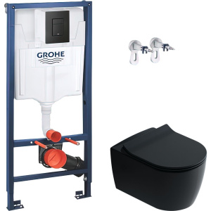 Комплект Унитаз подвесной STWORKI Ноттвиль SETK3104-2616 безободковый, с микролифтом, черный + Инсталляция Grohe Solido 38811KFO 3 в 1 с кнопкой смыва