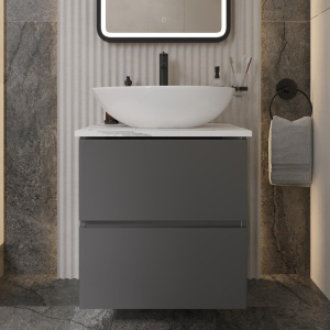 Тумба с раковиной STWORKI Колдинг 60 антрацит, с раковиной Moduo 55 Leaf, столешница белая матовая Тумба с раковиной STWORKI Колдинг 60 антрацит, с раковиной Moduo 55 Leaf, столешница белая матовая