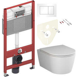 Комплект Унитаз подвесной AM.PM Func C8F1700MWSC безободковый, с микролифтом, матовый белый + Инсталляция TECE Base 9400413 4 в 1 с кнопкой смыва
