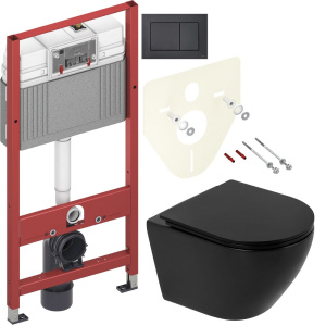 Комплект Унитаз подвесной BelBagno Colorato BB062CHR-MB матовый черный + Крышка BB062SC-MB матовая черная + Инсталляция TECE Now 9400414 4 в 1 с кнопкой смыва