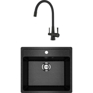 Комплект Мойка кухонная Ulgran U-104 -308 черная + Смеситель Lemark Comfort LM3075BL с гибким изливом, черный