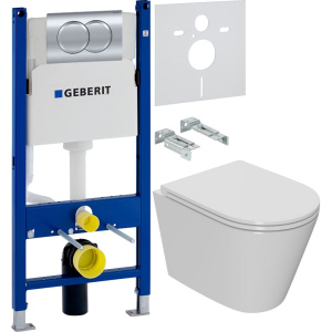 Комплект Унитаз подвесной Bauedge Bau Nimb Hurricane3 безободковый, с микролифтом, белый + Инсталляция Geberit Duofix Delta 458.149.21.1 с кнопкой смыва, хром + Шумоизоляция