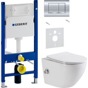 Комплект Унитаз подвесной BelBagno Uno BB3105CHR-BS/SC с микролифтом, со смесителем и функцией биде + Шумоизоляция Geberit + Инсталляция Duofix Delta 458.163.21.1 с кнопкой смыва, хром