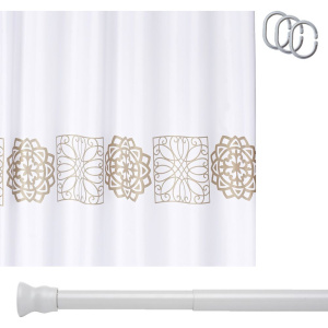 Штора для ванной Ridder Tunis 46359 + телескопический карниз Ridder 55301 245 см, белый + крючки для шторы Ridder