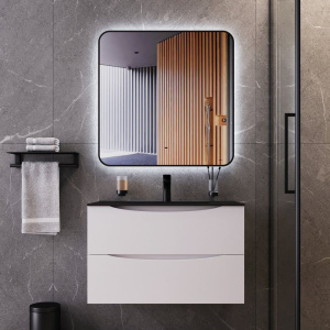 Мебель для ванной BOND Cube, 80 подвесная, белая матовая, черная раковина