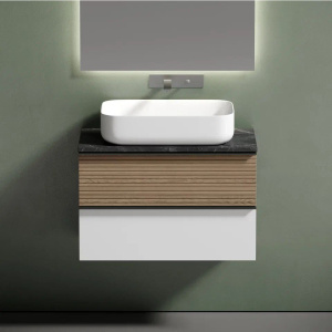 Тумба с раковиной Sancos Delta 80 см, дуб светлый, белый, столешница черный мрамор, раковина СN5004 Тумба с раковиной Sancos Delta 80 см, дуб светлый, белый, столешница черный мрамор, раковина СN5004