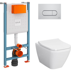 Комплект Унитаз подвесной VitrA Integra Square белый глянцевый + Крышка с микролифтом, петли хром + Инсталляция VitrA V-Fix Core + Кнопка смыва Root R 740-2280 хром