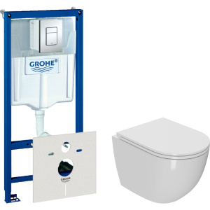 Комплект  Унитаз подвесной Bauedge Bau Dream Hurricane-2 безободковый, с микролифтом, белый + Система инсталляции для унитазов Grohe Rapid SL 38772001