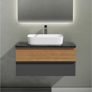 Тумба с раковиной Sancos Delta 100 см, дуб красный, графит, столешница черный мрамор, раковина CN5021 Тумба с раковиной Sancos Delta 100 см, дуб красный, графит, столешница черный мрамор, раковина CN5021