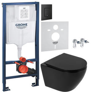 Комплект Унитаз подвесной BelBagno Colorato BB062CHR-MB матовый черный + Крышка BB062SC-MB матовая черная + Инсталляция Grohe Solido 38811KF0 3 в 1 с кнопкой смыва + Шумоизоляция