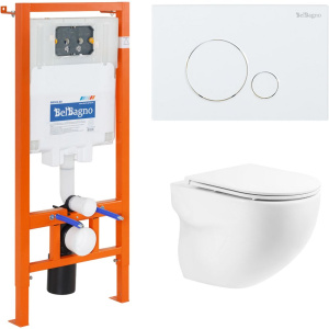 Комплект Унитаз подвесной BelBagno Onda BB066CHR безободковый, крышка BB870SC, инсталляция BB002-80 с кнопкой BB014-SR-BIANCO