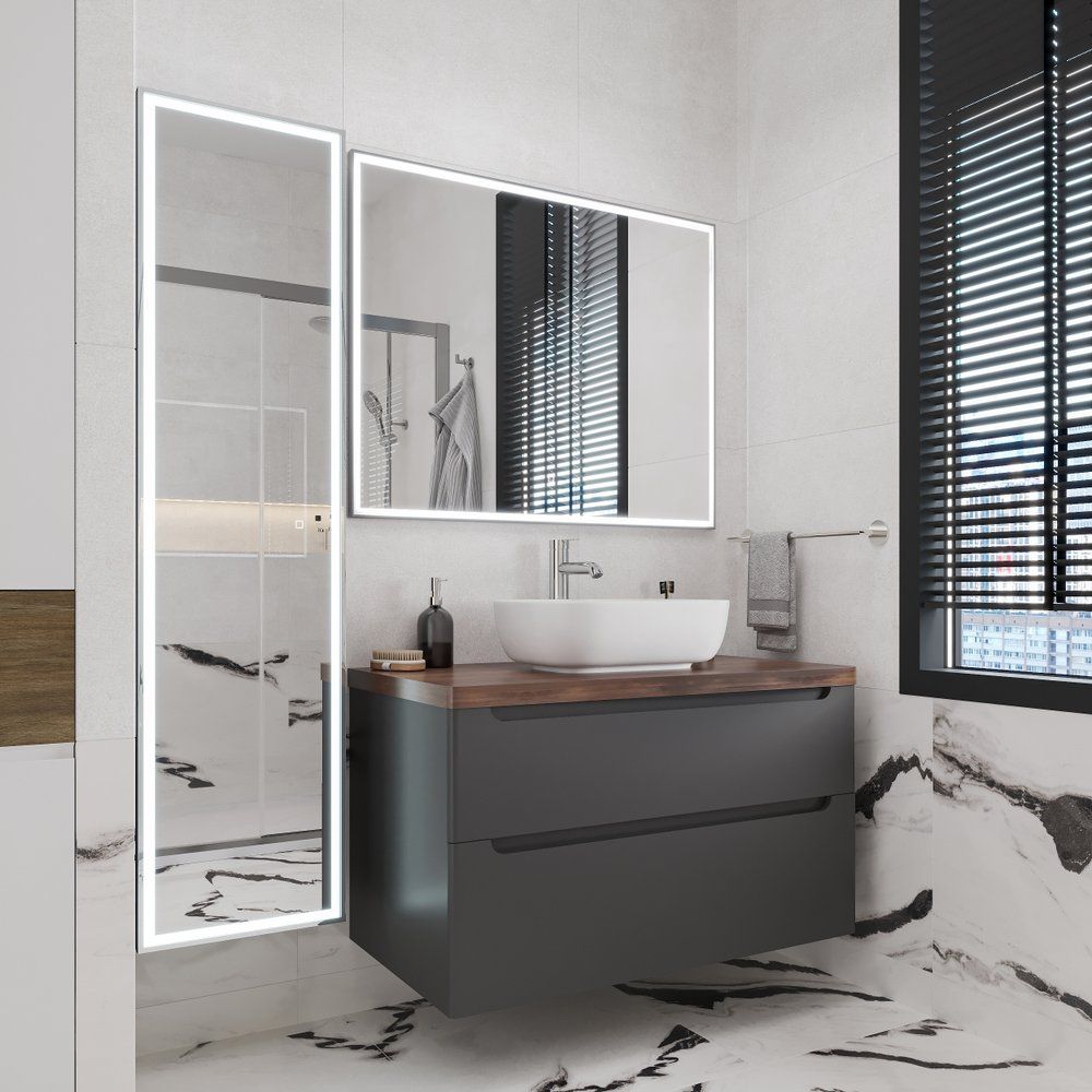 Купить Мебель для ванной STWORKI Берген 100, серая с темной столешницей, раковина Moduo 50 Square в Москве с доставкой Мебель для ванной STWORKI Берген 100, серая с темной столешницей, раковина Moduo 50 Square