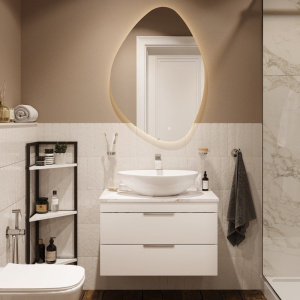 Мебель для ванной STWORKI Копенгаген 80 белая со светлой столешницей, с раковиной Moduo 55 Leaf Мебель для ванной STWORKI Копенгаген 80 белая со светлой столешницей, с раковиной Moduo 55 Leaf